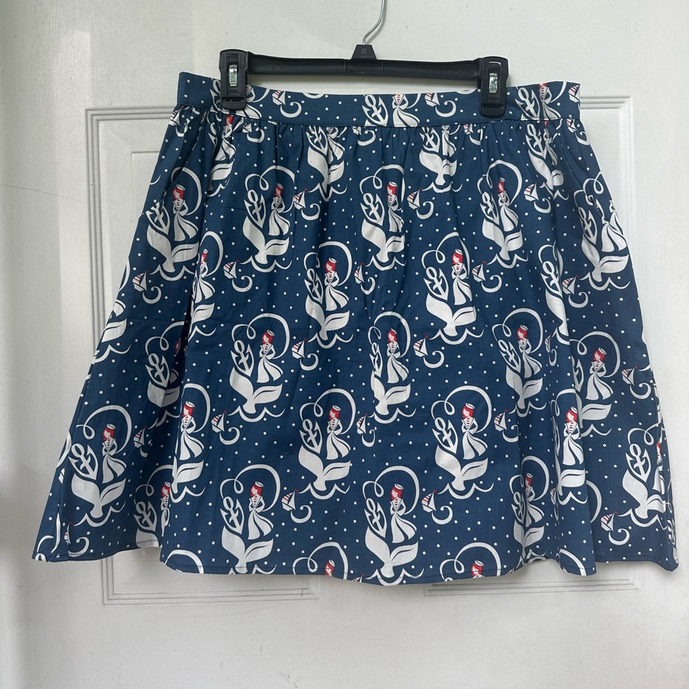 Blue mini skater skirt with sailor girl, anchor, & whale tail print